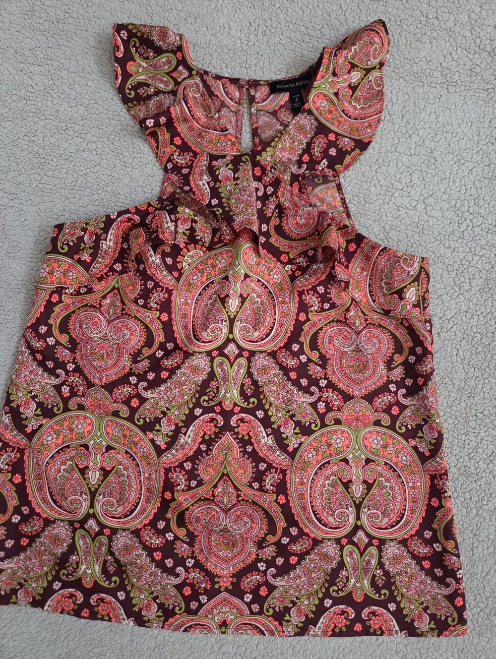 Banana Republic Paisley Ruffle Neck Top - Pink, Green, & Brown, Size S